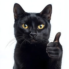 a black cat have thumb up hand white background