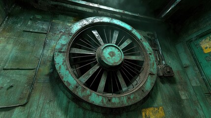 Rusty vent fan in abandoned factory, smoke, grunge