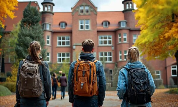 Students Walking to College Campus in Autumn
