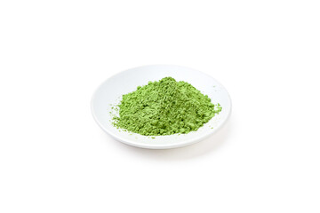 Green tea powder on white plaete isolated on white background.