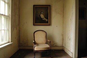 Fototapeta premium Old portrait, chair, window in distressed room.