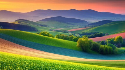 Fototapeta premium Vibrant Farmland at Sunset with Warm Light