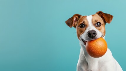 Dog playtime routines concept Happy dog holding an orange ball against a turquoise background.