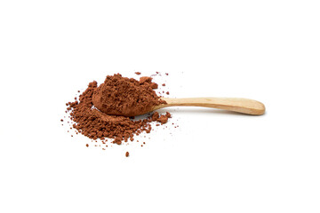 Cocoa powder on wooden spoon and scattered isolated on white background.