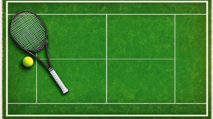 Tennis court overhead view; racket, ball, game