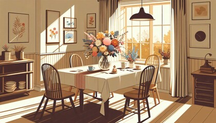 Dining table vector art style beige background with shadows and window with sunlight coming in and vase with flowers on the table with different colored flowers.