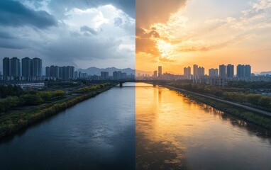 Fototapeta premium Dual View of Cityscape with River Stormy Dusk and Golden Sunrise, Split Image.