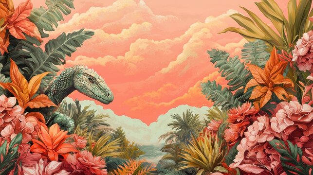 Tropical Paradise Reptilian Creature Amidst Lush Blooms and Coral Sky - Powered by Adobe