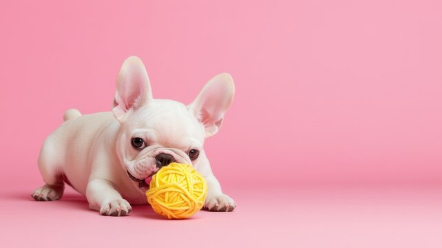 Dog playtime routines concept Adorable puppy playing with a yellow ball on a pink background