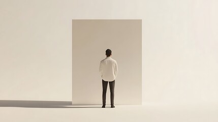 Obraz premium Minimalist figure facing blank wall, contemplation, modern art, background, possible use in motivational posters