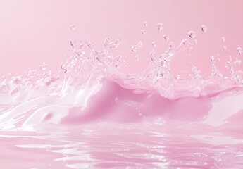 Pink liquid splash with droplets on pink background.