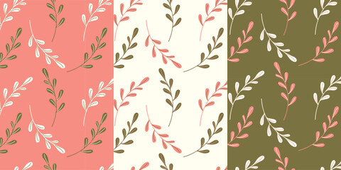 Botanical textile patterns, set herbal patterns with twigs in pastel pink colors.
