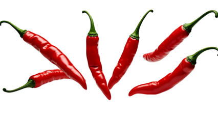 Falling red chili peppers isolated on transparent background, Cut out png