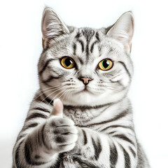 an American light silver shorthair cat have thumb up hand white background


