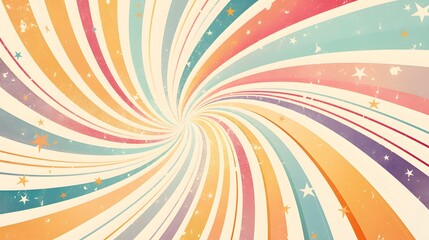 Retro-inspired carnival background featuring swirling patterns, colorful rays, and vintage motifs