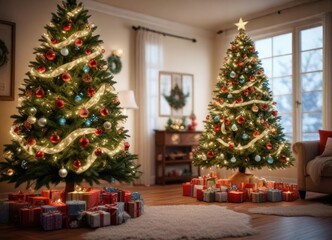 Festive Christmas decorations including a beautifully decorated Christmas tree with sparkling lights and colorful ornaments , mistletoe, evergreen trees, garlands