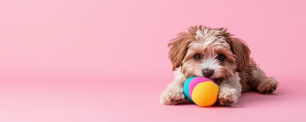 Dog playtime routines concept Cute dog playing with a colorful ball on a pink background.