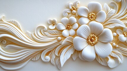 Obraz premium A beautiful decorative relief featuring intricate white flowers and elegant golden accents, showcasing exquisite craftsmanship.
