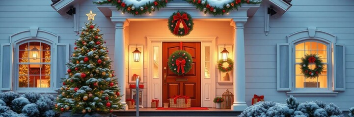 Obraz premium Festive holiday home exterior with Christmas tree and wreath, pinecones, front door, holiday lights