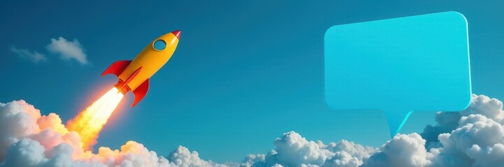 Vibrant blue speech bubble; yellow rocket launching , blue, innovation