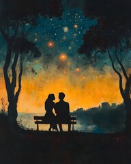 Romantic Silhouetted Couple in a Glowing Starry Night Landscape