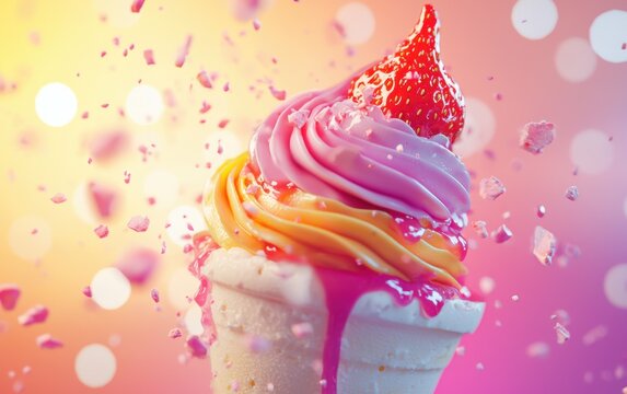 A colorful ice cream swirl with a drizzle of strawberry sauce, flying in the air on a bright backdrop. - Powered by Adobe