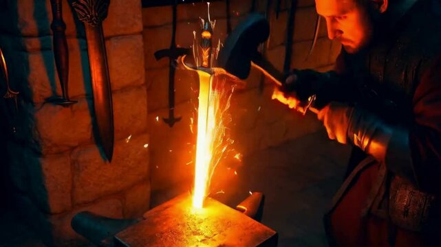 Blacksmith Forging a Sword on an Anvil with Sparks Flying