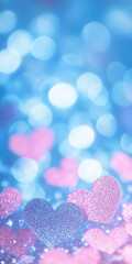 Sparkling pink and blue heart shapes with bokeh background