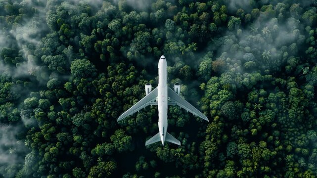 Sustainable biofuel concept  white airplane gliding over green trees in foggy rainforest