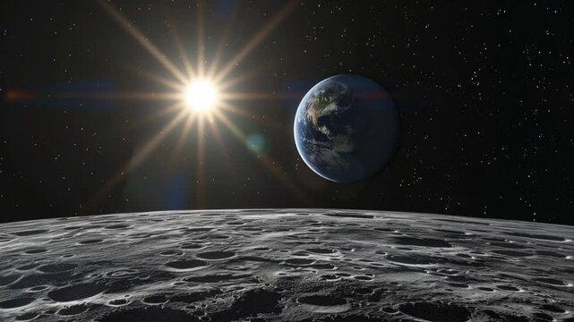 Stunning perspective of earth from the moon s surface with the radiant sun in the background