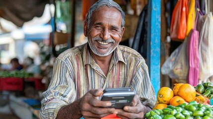 Smiling Farmer Using Digital Payment at Local Market for Inclusion