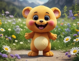 Playful food mascot with blossoming wildflowers in the background, background, health