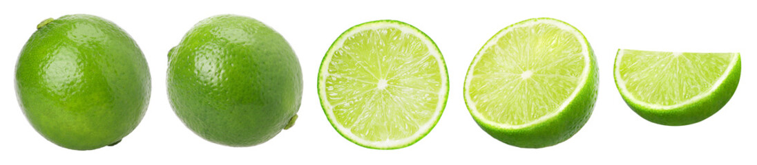 Natural fresh lime, half and slices isolated, transparent PNG, PNG format, cut out