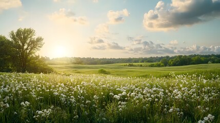 Expansive pastoral meadow landscape blanketed with a sea of blooming wildflowers under a picturesque blue sky with wispy clouds basking in the warm glow of the sun  A tranquil serene