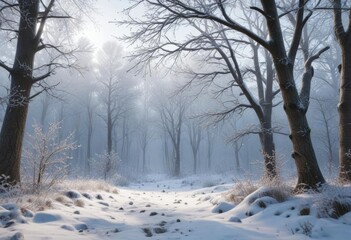 Obraz premium Frosty forest scene with branches and snowflakes falling gently from the sky, branches, forest scenery