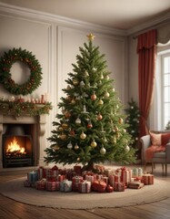 Full spruce Christmas tree in a decorated room with festive tableware, forest scent, spruce tree, home interior design