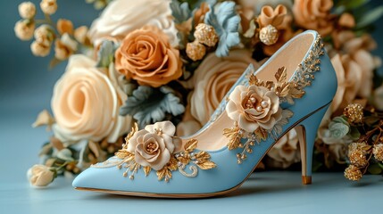 A beautiful blue high-heeled shoe adorned with floral decorations, nestled among elegant roses, creating a luxurious and romantic atmosphere.