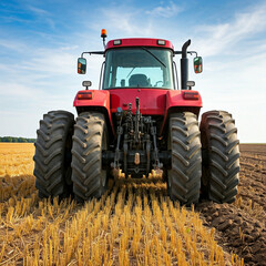 tractor in agricultural field. Rear view of a large tractor of red color standing in a field. Start...