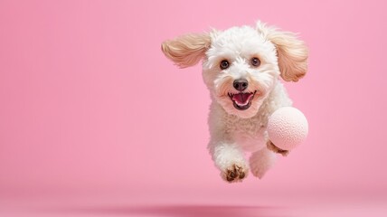 Dog playtime routines concept Happy dog jumping with a ball against a pink background.
