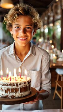 Boy holding birthday cake with lit candles at restaurant party