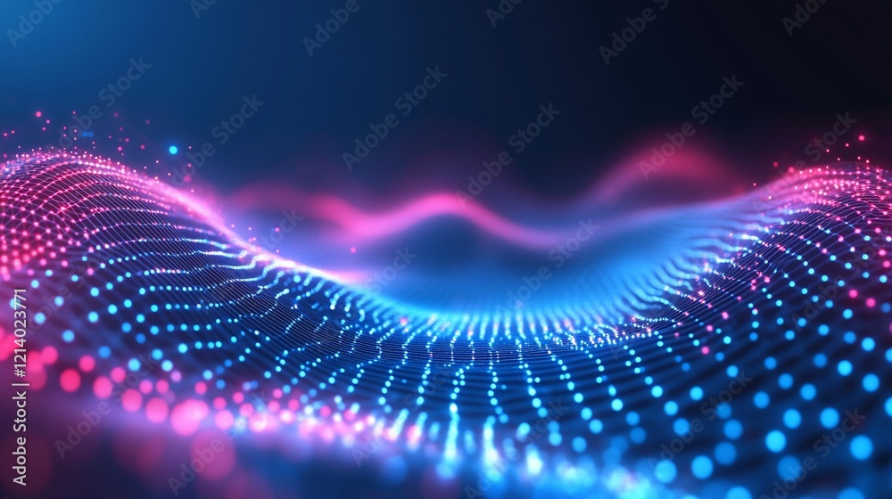 Poster abstract data wave illustration with glowing dots on a dark background showing data flow and technol