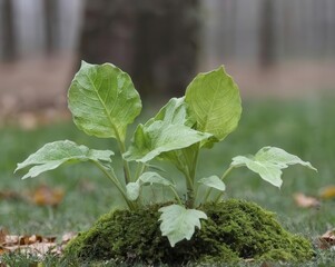Obraz premium Green Plant Growing on Mossy Ground in Forest Setting