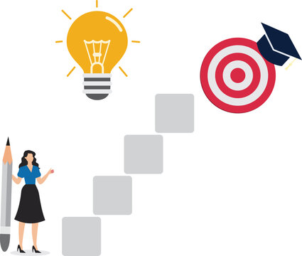 Education goals, educational targets or skills development, strategy to achieve higher education, effort to graduate high degree education, smart woman aiming at target board with graduation cap