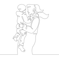 Young woman mother spends time, plays with little child son, hugs. One continuous drawing line, logo single hand drawn art doodle isolated minimal illustration.