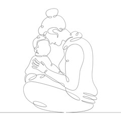 Young woman mother spends time, plays with little child son, hugs. One continuous drawing line, logo single hand drawn art doodle isolated minimal illustration.