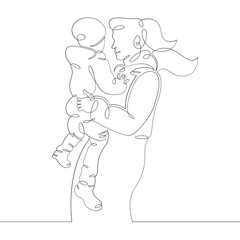 Young woman mother spends time, plays with little child son, hugs. One continuous drawing line, logo single hand drawn art doodle isolated minimal illustration.