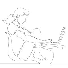 Young woman girl sitting in a chair works for a laptop. One continuous drawing line, logo single hand drawn art doodle isolated minimal illustration.