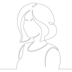 Portrait of a young woman with short hair in a bob hairstyle. One continuous drawing line, logo single hand drawn art doodle isolated minimal illustration.