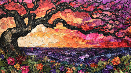 Vibrant sunset painting of a large tree over colorful flowers and ocean.
