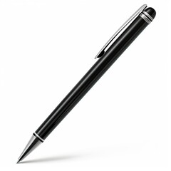 A sleek black pen with a silver clip, designed for writing and note-taking. isolated on white background